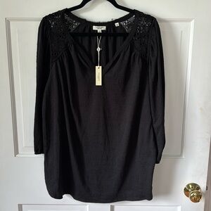 Max Studio Black Gauzy Top With Cutout Lace Details At Shoulders.  NWT